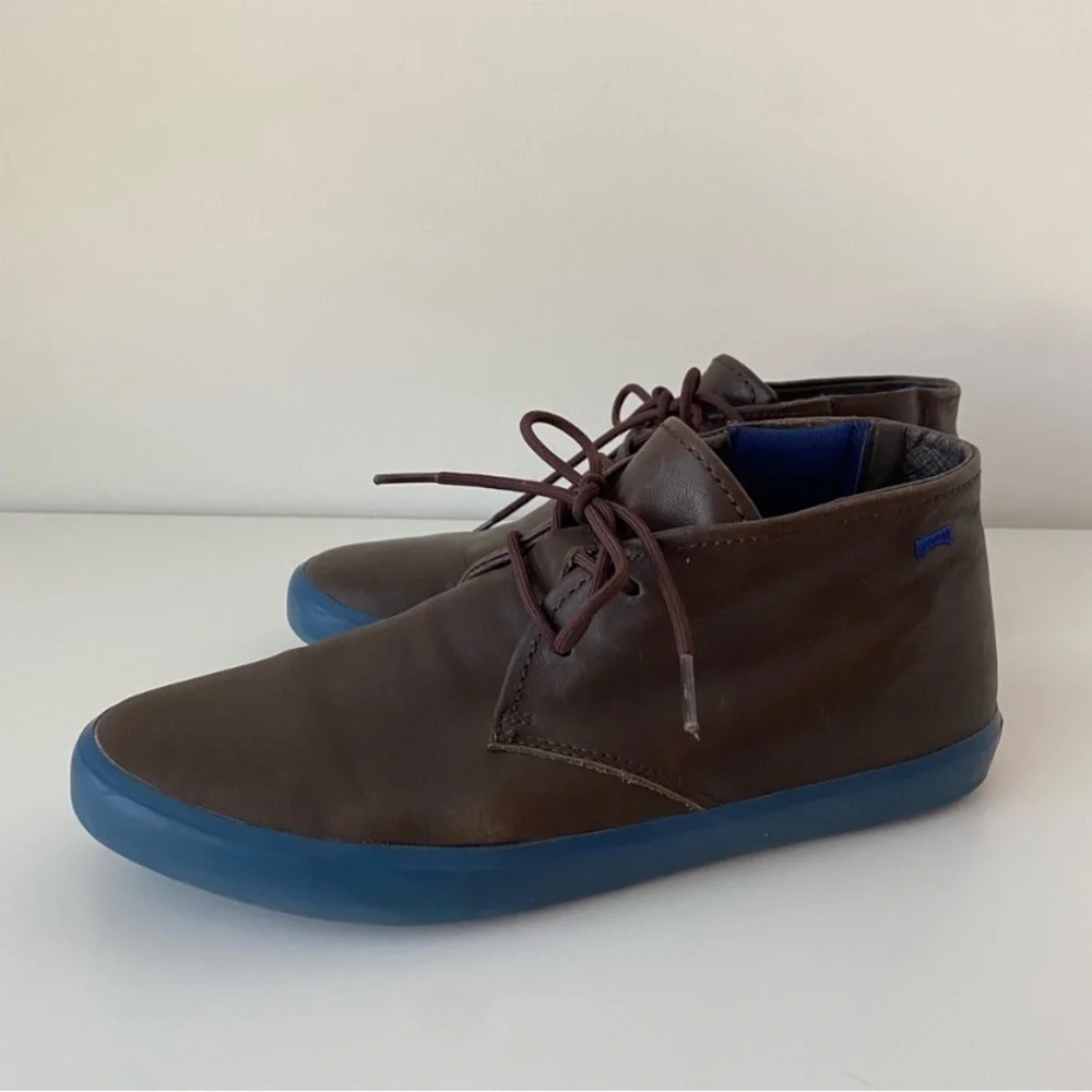 Camper Lace-up Chukka Boots in Brown Leather with Blue Soles, Size US 11, EUC